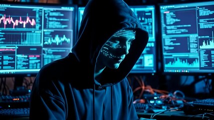 An Artificial Intelligence AI digital avatar with a code face in the Metaverse. A cyberpunk concept of facial recognition, biometrics, and virtual reality future in 4K video. - Powered by Adobe