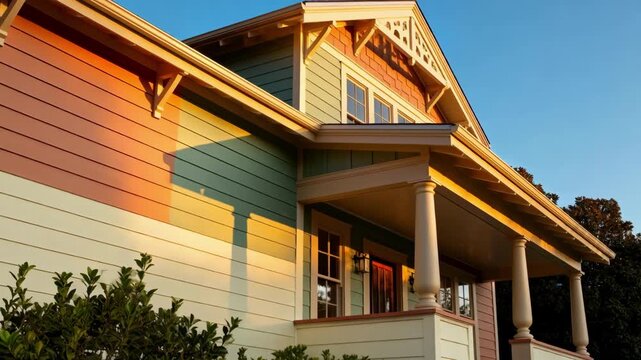 Medium shot of a house exterior showcasing custom siding colors with unique bespoke hues enhancing the architectural charm