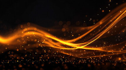 Golden digital waves with shimmering reflections flowing over a dark background creating cinematic orange particle motion with soft bokeh highlights smooth flowing abstract energy ideal for intro or a