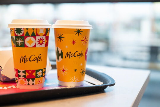 Gdansk, Poland, November 22, 2025, coffee in cups at McDonald's in the winter in the restaurant