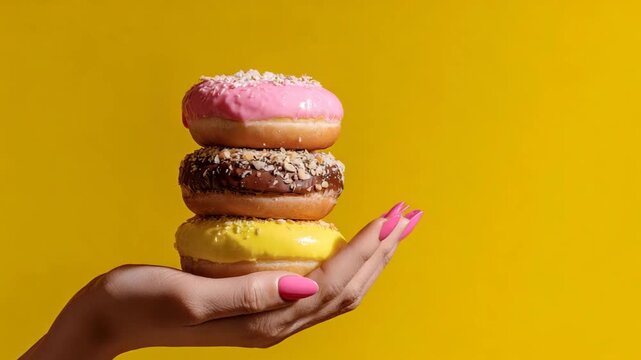 Stack of colorful glazed donuts in hand with pink nails on vibrant yellow background
