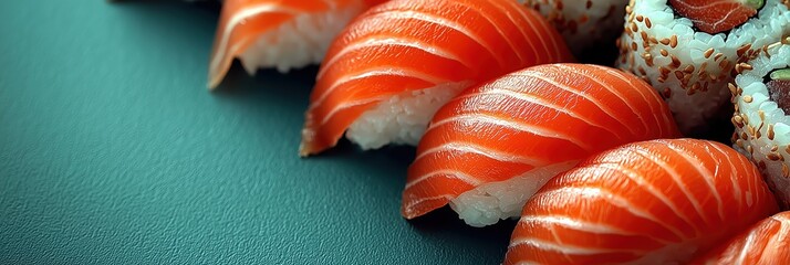 Fresh salmon nigiri sushi close-up on teal surface for Japanese food menus.

