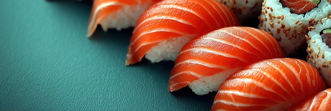 Fresh salmon nigiri sushi close-up on teal surface for Japanese food menus.

