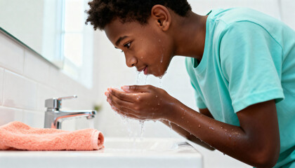 Young Black boy washing his face with water in a bathroom sink. Teenager's morning skincare and daily hygiene routine for clean, healthy skin