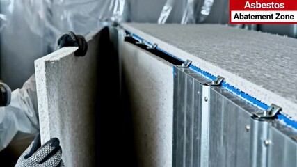 Closeup of safety measures during asbestos abatement with various panel types focusing on protective gear and secure panel placement