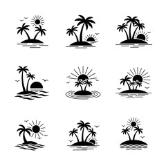 Fototapeta premium This versatile summer vector silhouette collection showcases tropical palm trees on a beach island at sunset, complete with flying birds, making it perfect for vacation, travel, and seasonal designs