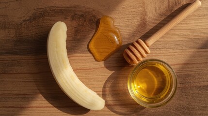 Banana, nuts and honey lie on a wooden table.
