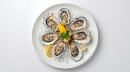 Oysters with lemon are laid out on a white plate.