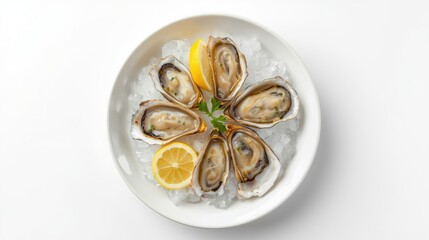 Oysters with lemon are laid out on a white plate.