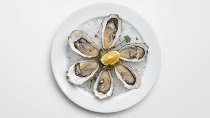 Oysters with lemon are laid out on a white plate.