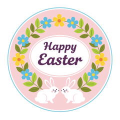 Obraz premium Easter greetings banner, poster, and card featuring a trendy design with typography, bunnies, flowers, eggs, bunny ears, all in pastel hues, presented in a modern minimal style
