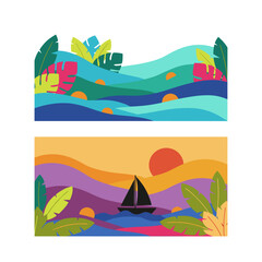 Naklejka premium Bright tropical summer landscape backdrop for posters and banners, showcasing a fun summer concept design for promotion