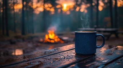 Hot coffee cup on wooden table beside glowing campfire outdoors in nature camping scene