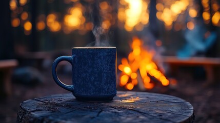 Hot coffee cup on wooden table beside glowing campfire outdoors in nature camping scene