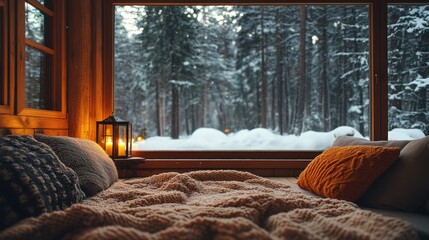 Cozy living room in wooden winter cabin with ceiling lights warm throw blankets and snowfall outside window animated background loop