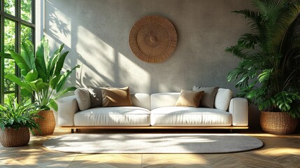 Luxury interior living room with elegant sofa, lush plants, and stylish minimalist decor in warm tones creating a cozy atmosphere