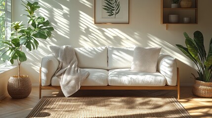 Minimalist sofa with single throw pillow and neutral blanket draped over one side in modern living room setting