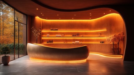 Modern spa reception area featuring a curved counter and arched shelves illuminated by warm ambient lighting for a welcoming atmosphere