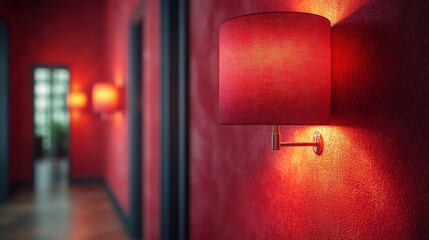 Red wall sconce casting warm light on textured wall creating cozy atmosphere with modern design for trendy interiors