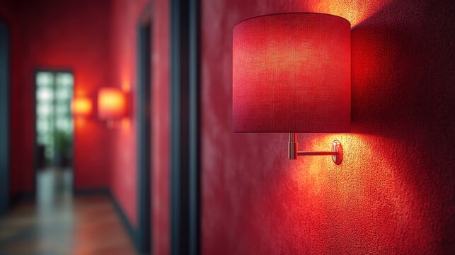 Red wall sconce casting warm light on textured wall creating cozy atmosphere with modern design for trendy interiors