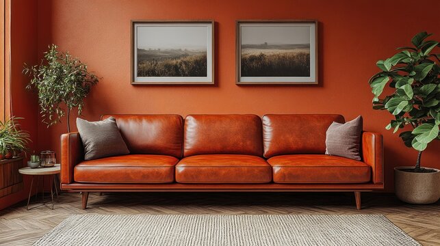 Cozy room interior with warm-toned wall, leather sofa, and modern kitchen in the background for stylish living space design
