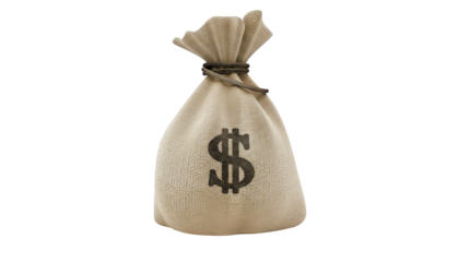 A burlap sack tightly tied with a dollar symbol printed on the front, isolated on transparency.