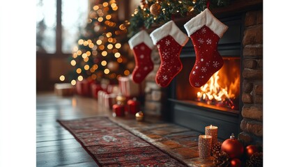 Stockings hanging over a cozy fireplace with a burning fire and festive holiday decorations in a warm home setting