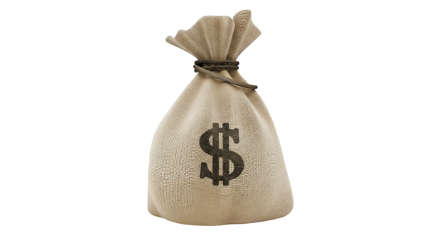 A burlap sack tightly tied with a dollar symbol printed on the front, isolated on transparency.
