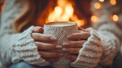 Cozy atmosphere with steam rising from a hot drink held by a woman in a warm sweater near the fireplace