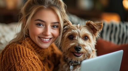 Girl smiling while using laptop and drinking coffee at home with her dog sitting nearby in a cozy setting