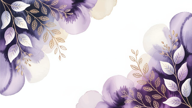 Elegant gold watercolor floral purple frame , Luxurious violet botanical wedding background , modern lavender pastel flower corner design , Abstract ink splash golden leaves border