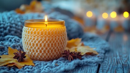 Hello autumn cozy atmosphere with reed diffuser pumpkin candle warm sweaters dry leaves cinnamon anise fall mood decor