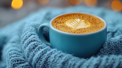 Warm cup of coffee on soft blue blanket creating a cozy and relaxing morning atmosphere with gentle natural light