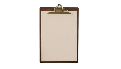 A vintage-style wooden clipboard holds a blank, pale paper sheet in a simple and clean composition.
