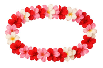 Obraz premium Oval tropical lei frame creating hawaiian floral border with plumeria and hibiscus flowers on transparent background