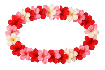 Oval tropical lei frame creating hawaiian floral border with plumeria and hibiscus flowers on transparent background