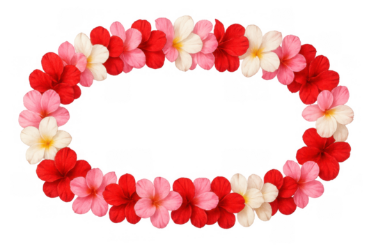 Oval tropical lei frame creating hawaiian floral border with plumeria and hibiscus flowers on transparent background - Powered by Adobe