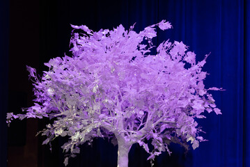 Vibrant purple tree on stage. A striking artificial tree with vivid purple leaves, set against a...