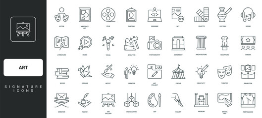 NFT and architecture, artwork of artist, literature thin black and red outline symbols vector illustration Art project and culture, theater and cinema, museum gallery and ballet dance line icon set. © Icon Majesty
