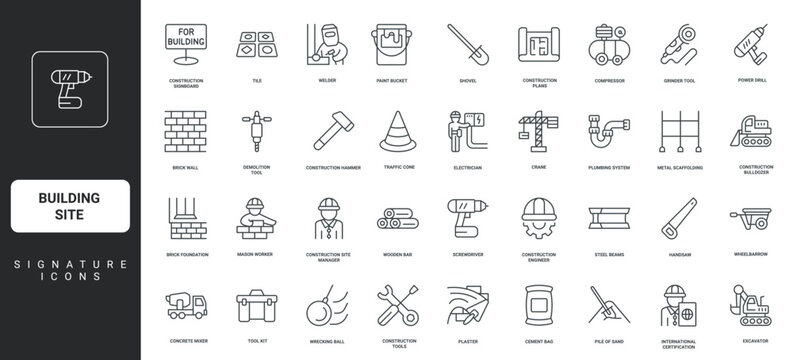 Essential building site project and engineering, architecture, for elements safety and workers, equipment, tools, construction featuring set icons signature planning vector illustration