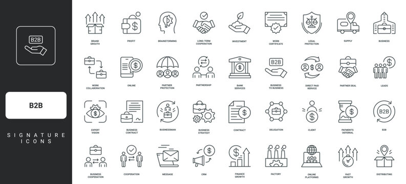 Partner deal, corporate company collaboration thin black and red outline symbols vector illustration B2B, trade organization and support, global operations of enterprise, partnership line icon set.