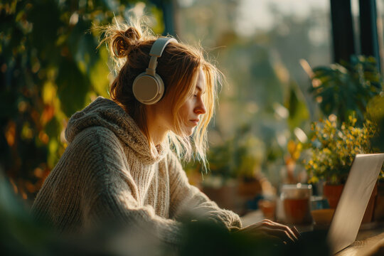 A young woman in black headphones works enthusiastically on a laptop in a green office