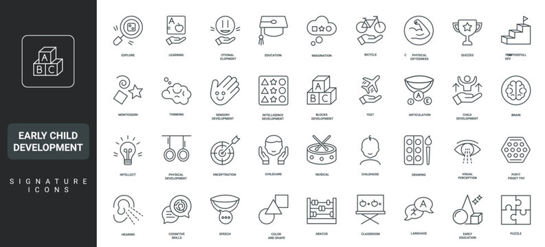 Cognitive therapy, articulation, play and learning thin black and red outline symbols vector illustration Early child development, preschool education and kindergarten, Montessori line icon set.