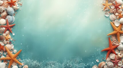 a blue background depicting the seabed with shells and starfish.