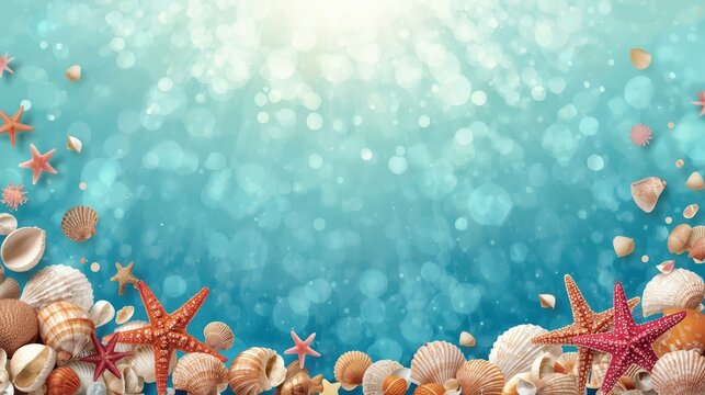 a blue background depicting the seabed with shells and starfish.