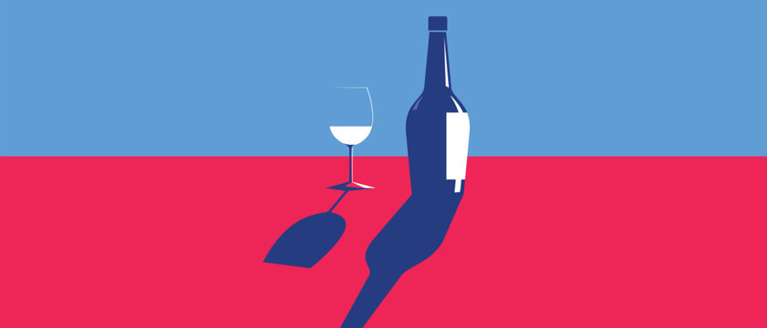 Illustration of a bottle of white wine, a glass, flat design, minimalism, restaurant banner, wine bar poster, wine list. Nightclub party, alcohol sales, kitchen decor, sommelier, wine tasting, Merlot
