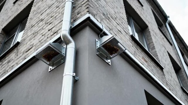Medium shot showcasing urban gutter installation on a multistory building highlighting downspout placement and debris guard attachment for efficient drainage.
