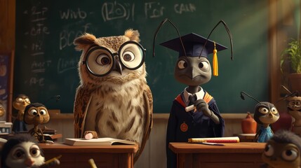An owl and an ant start a lesson in a school classroom.