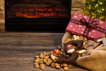 Festive St. Nicholas Scene. Cozy holiday setting with a fireplace, gifts