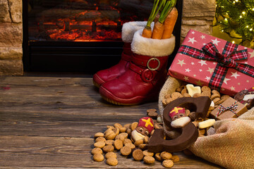 Festive St. Nicholas Scene. Cozy holiday setting with a fireplace, gifts